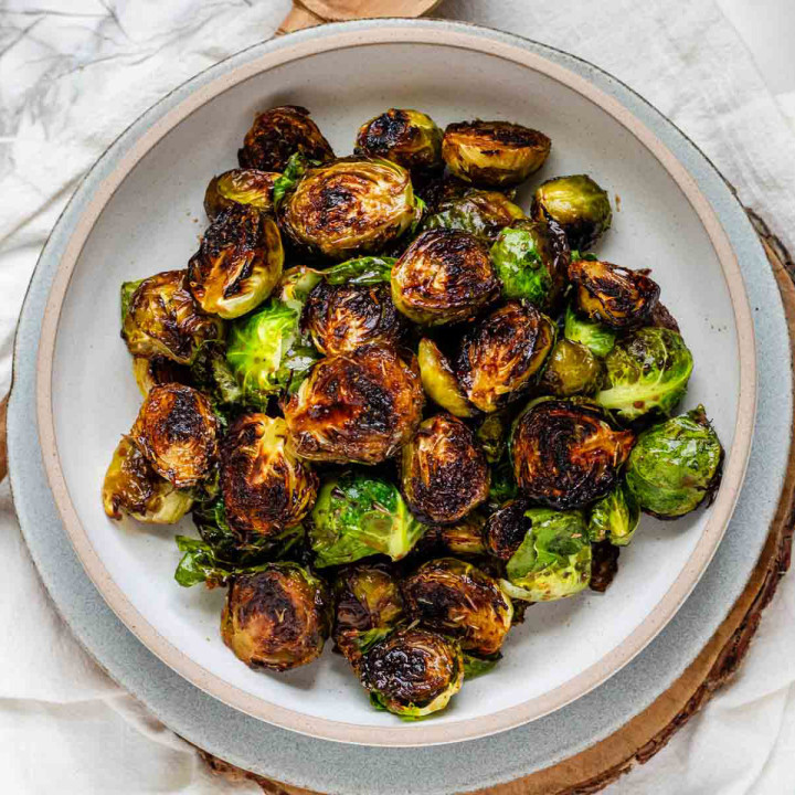 Caramelized Brussels sprouts in a bowl.